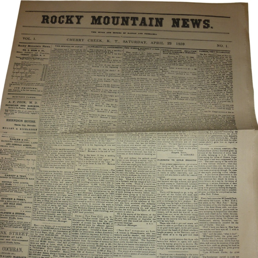 1859 Rocky Mountain News Centennial Vol 1 No 1‎ Newspaper Reprint Colorado Vtg